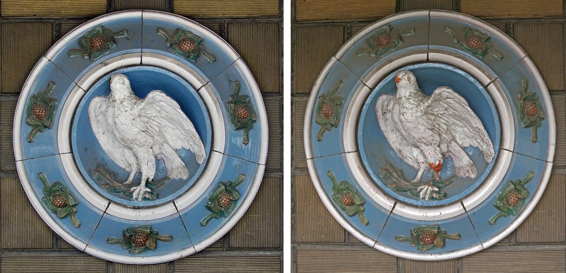 Káně v roce 2010 (vlevo, foto Jaroslav Vyšín) a v červnu 2016 (v současnosti už je znamení skryté za sklem).